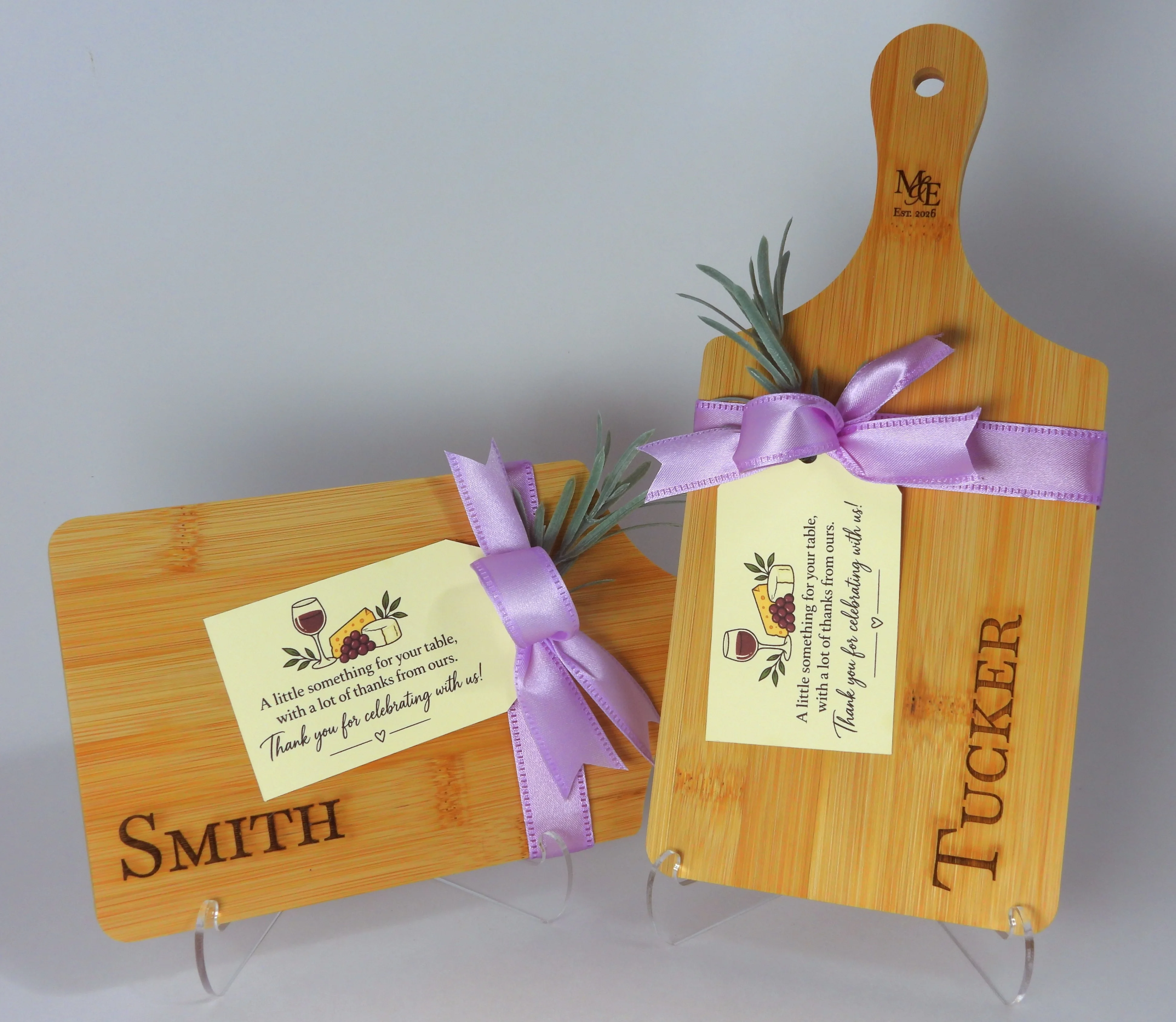 Front view of a personalized wooden cutting board.