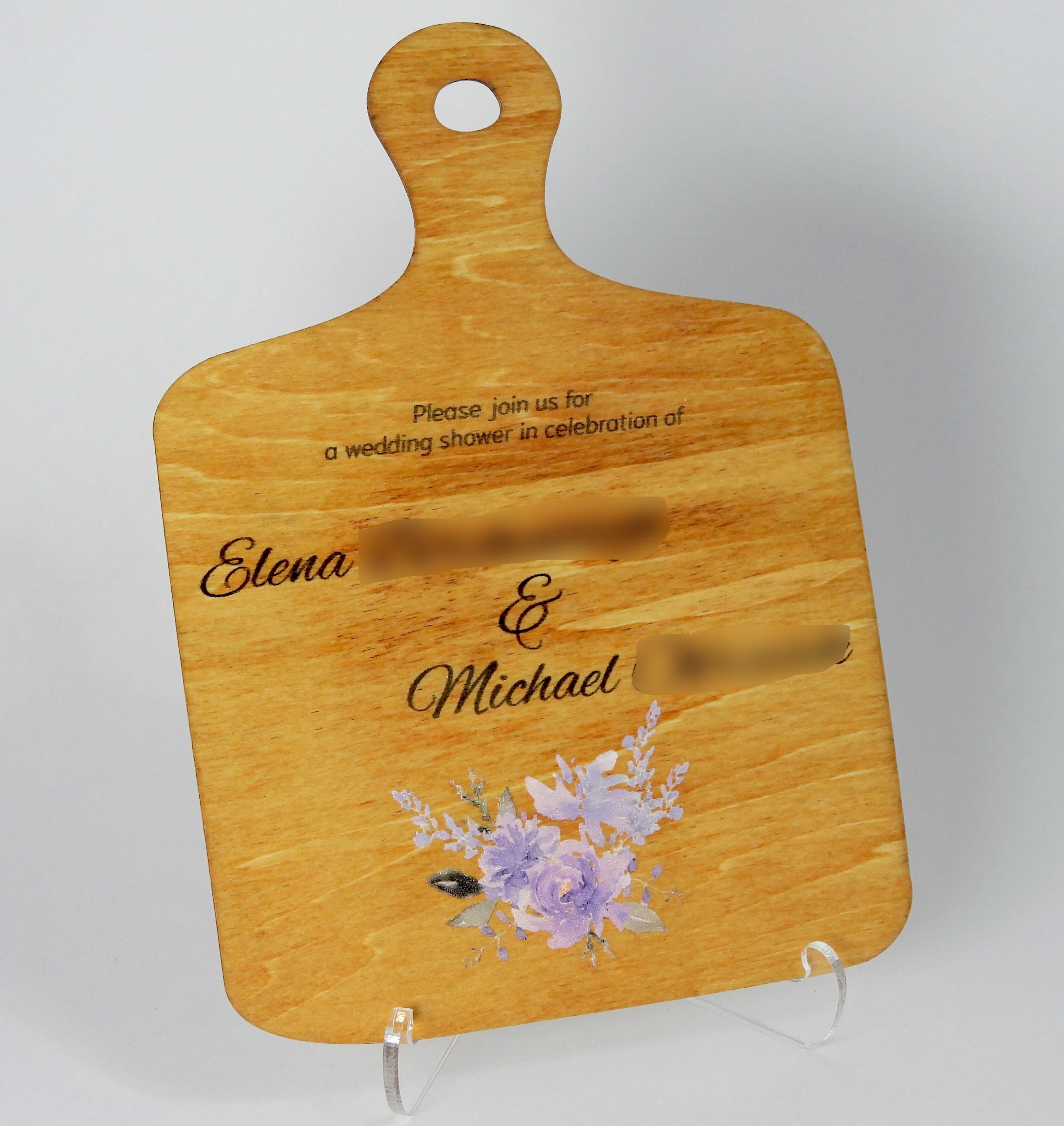 Front view of a cutting-board-inspired shower invitation.